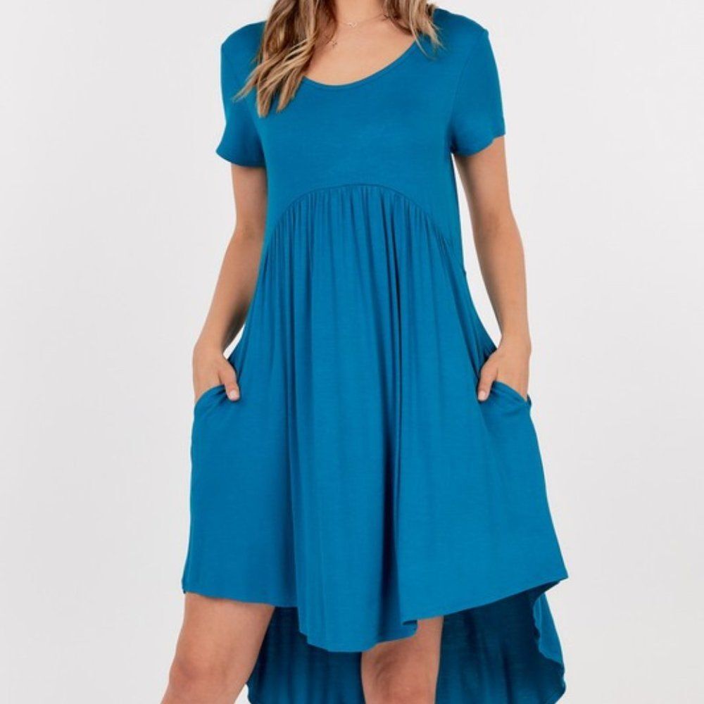 Basic USA Hi-Low Umbrella Hem Crew Neck T-Shirt Pocket Short Sleeve Medium Dress